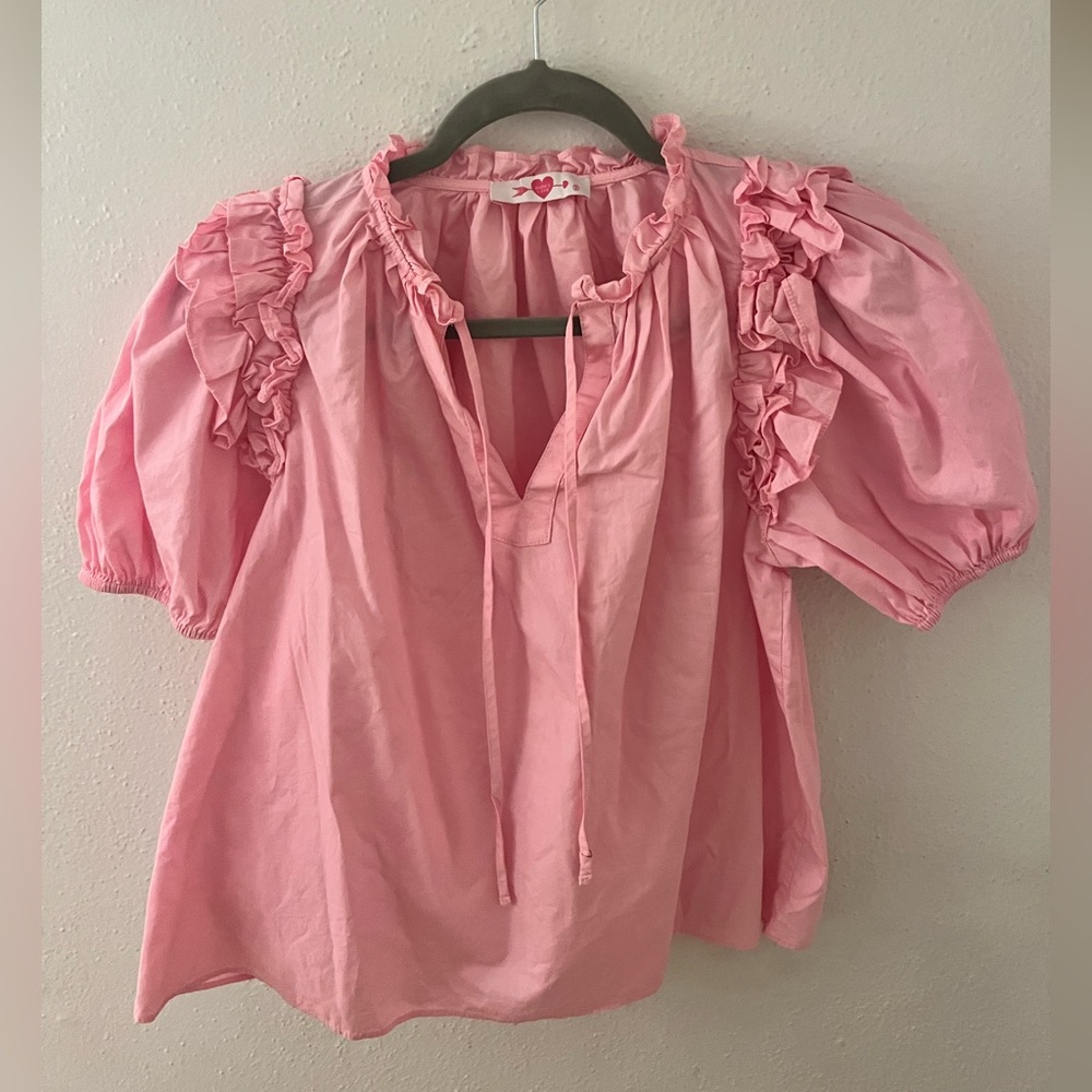 Buddy Love Pink Puff Sleeve Blouse with Ruffled Tie Front